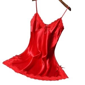 Red Silky Chemise with Thong Panties Small